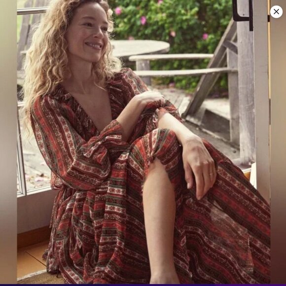 DÔEN Marlanna Silk Chiffon Boho Maxi Dress, Brown/Orange, Size XS, NWT - Picture 14 of 15